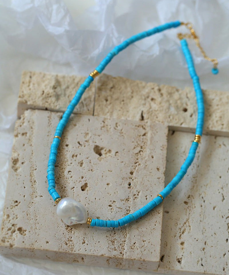 Blue Colored Stone Baroque Pearl Necklace - floysun