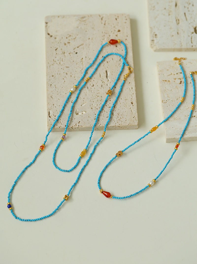 Blue Turquoise Red Onyx Multi - element Beaded Necklace - floysun