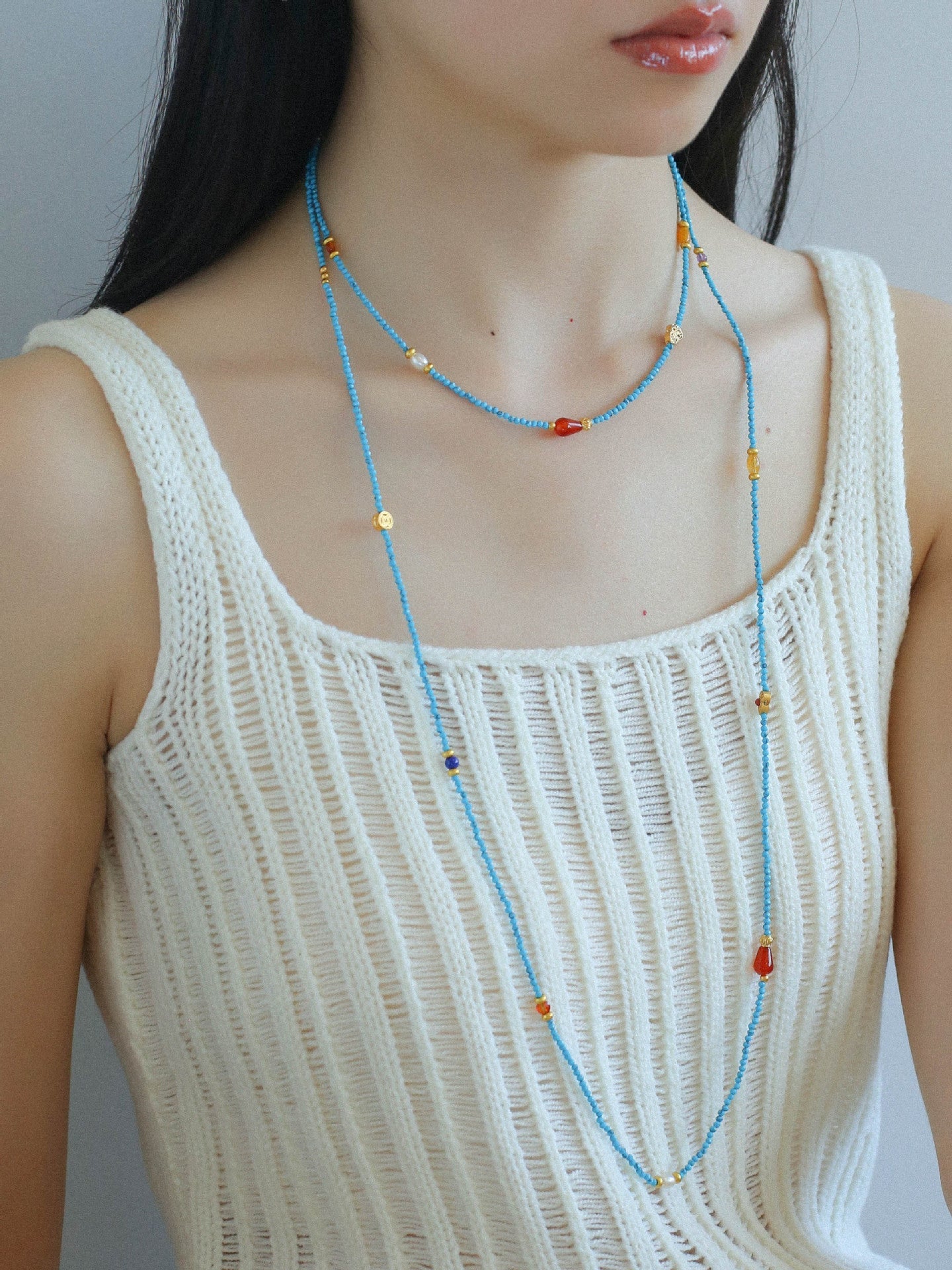 Blue Turquoise Red Onyx Multi - element Beaded Necklace - floysun