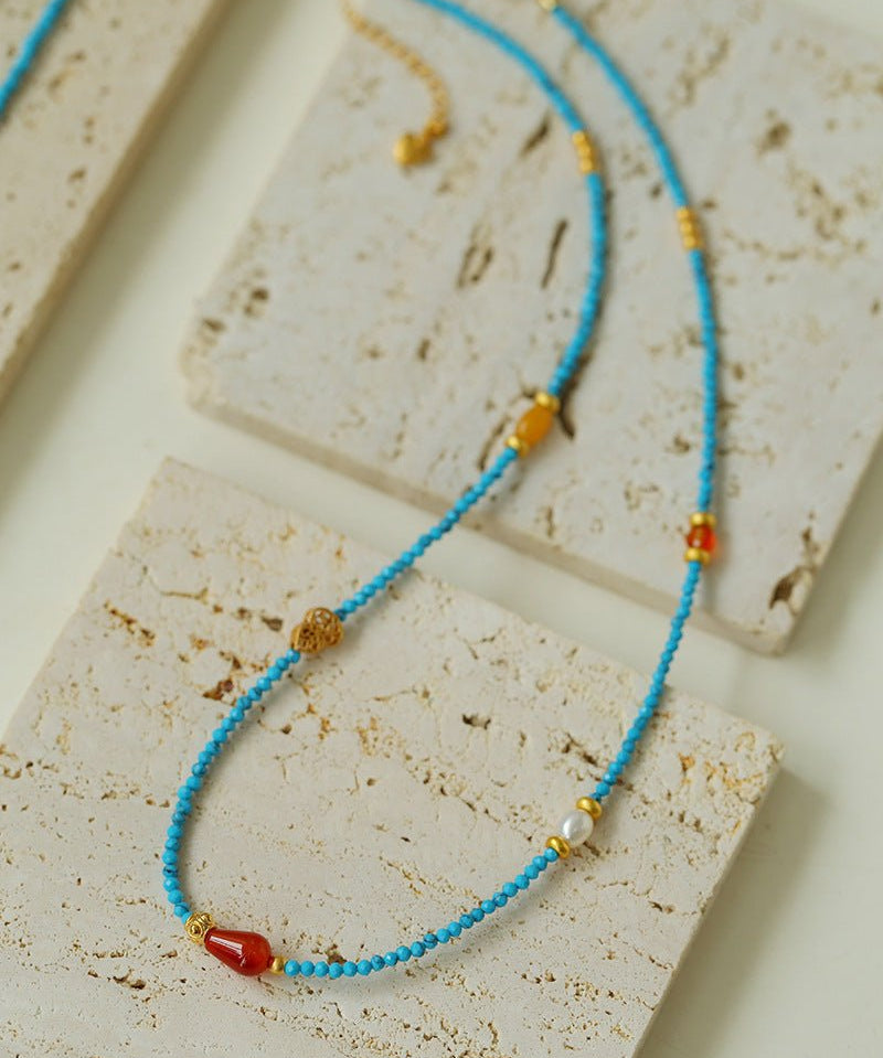 Blue Turquoise Red Onyx Multi-element Beaded Necklace - floysun