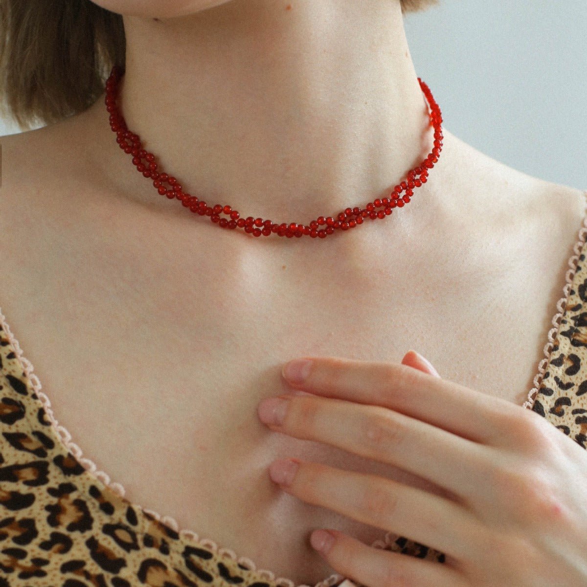 Braided Double Red Black Onyx Beaded Choker - floysun