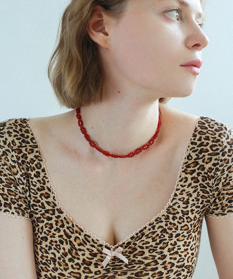 Braided Double Red Black Onyx Beaded Choker - floysun