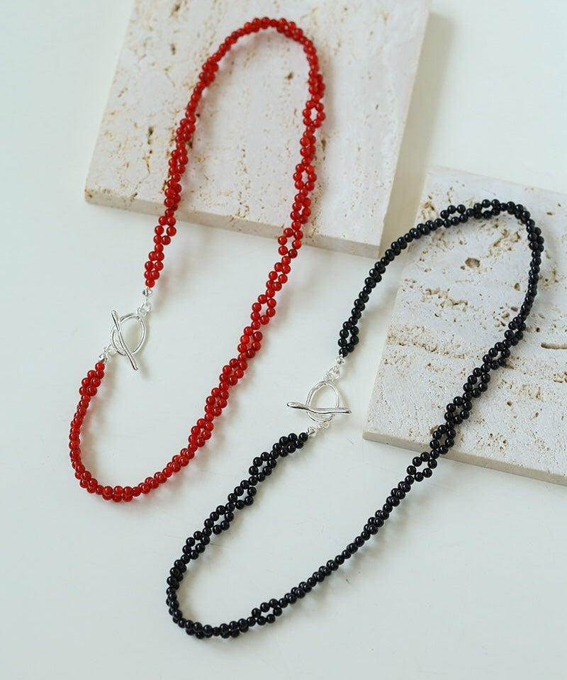 Braided Double Red Black Onyx Beaded Choker - floysun