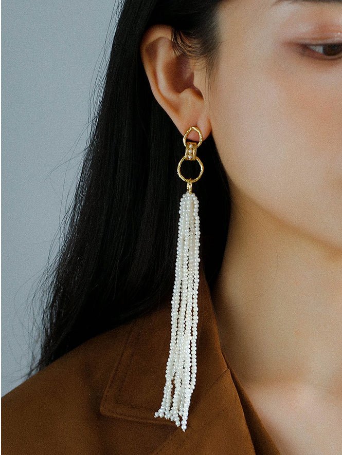 Braided Long Rice Grain Pearl Earring - floysun