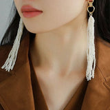 Braided Long Rice Grain Pearl Earring - floysun