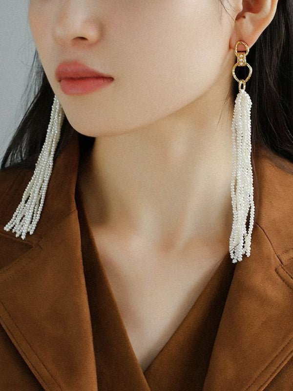 Braided Long Rice Grain Pearl Earring - floysun