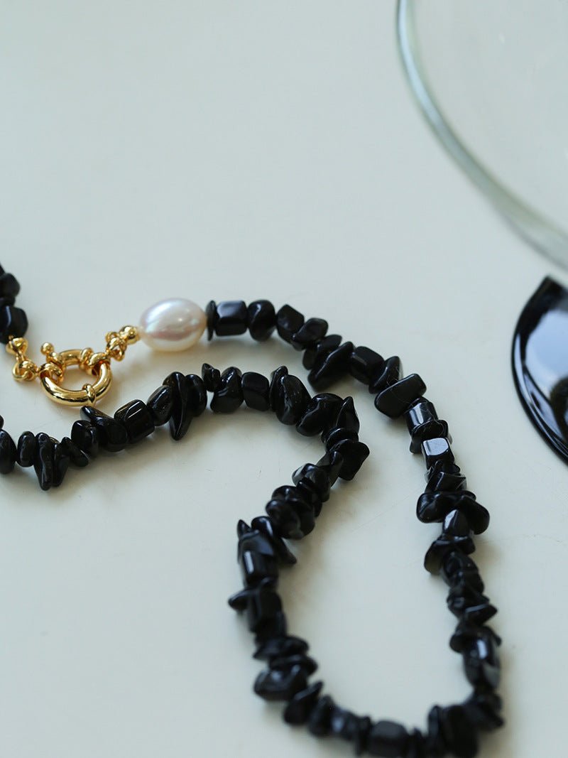 Brilliant Black Onyx Crushed Stone and Pearl Necklace - floysun
