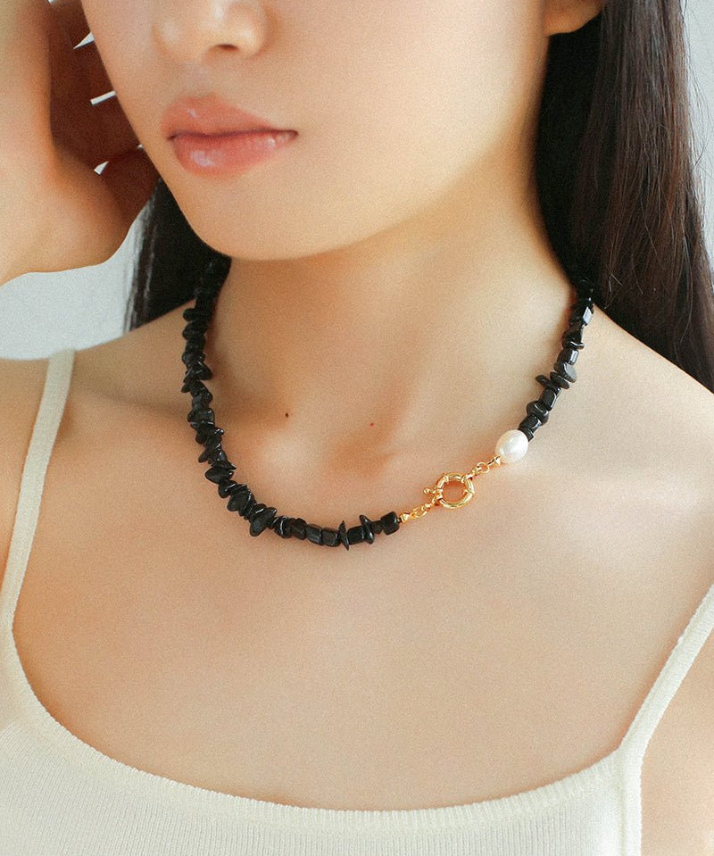 Brilliant Black Onyx Crushed Stone and Pearl Necklace - floysun