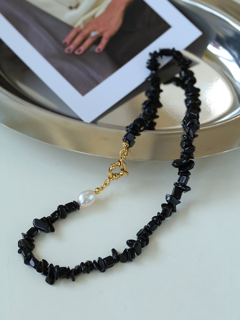 Brilliant Black Onyx Crushed Stone and Pearl Necklace - floysun