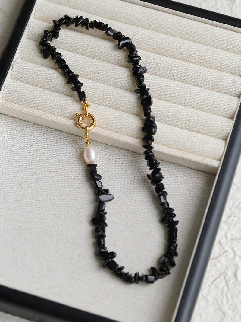 Brilliant Black Onyx Crushed Stone and Pearl Necklace - floysun