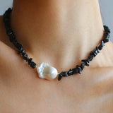 Brilliant Black Onyx Crushed Stone Baroque Pearl Necklace - floysun