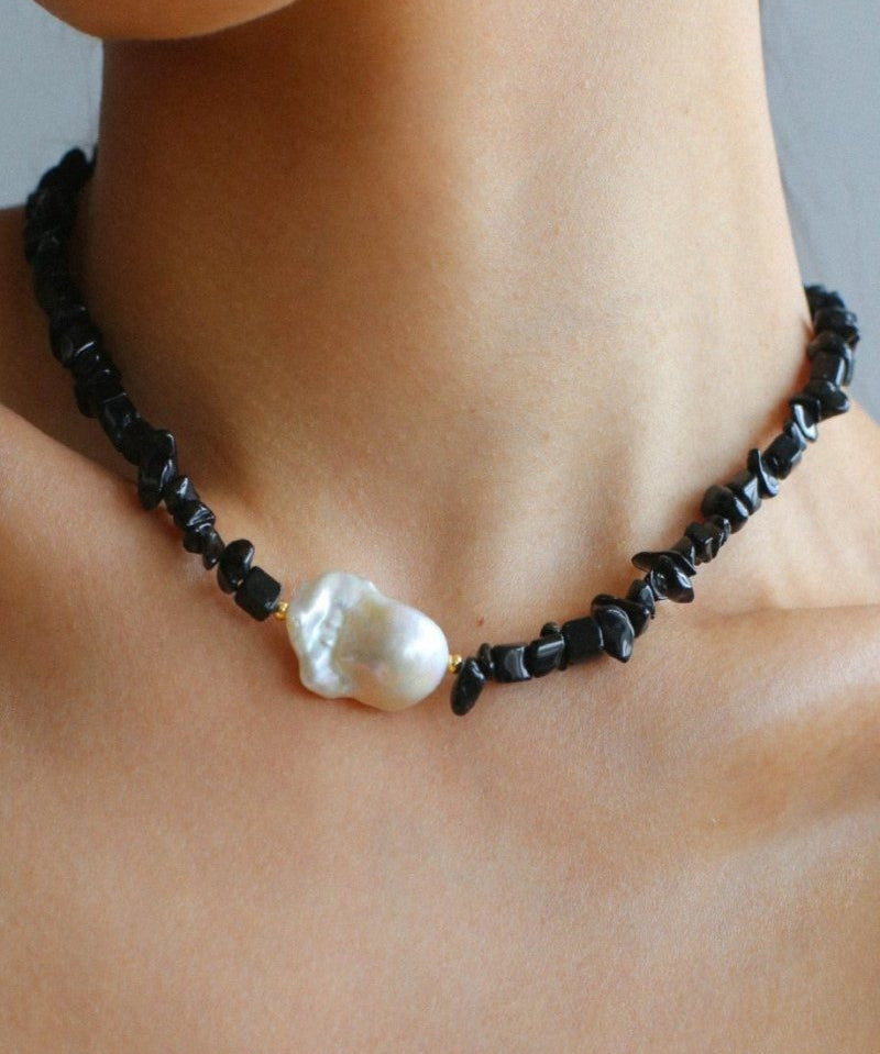 Brilliant Black Onyx Crushed Stone Baroque Pearl Necklace - floysun