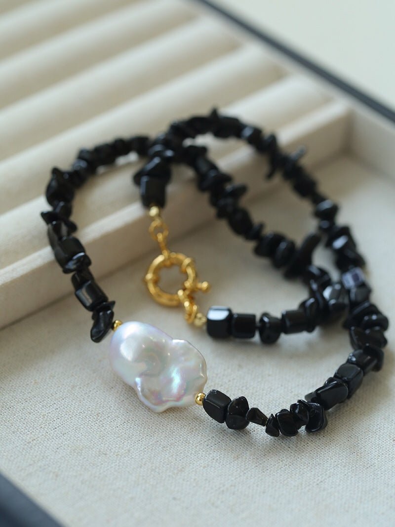 Brilliant Black Onyx Crushed Stone Baroque Pearl Necklace - floysun