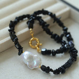 Brilliant Black Onyx Crushed Stone Baroque Pearl Necklace - floysun