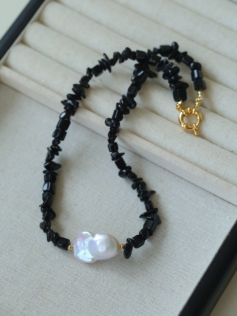 Brilliant Black Onyx Crushed Stone Baroque Pearl Necklace - floysun