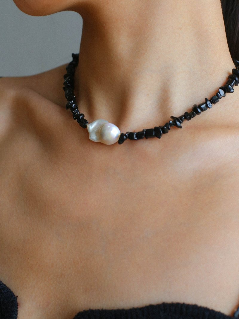 Brilliant Black Onyx Crushed Stone Baroque Pearl Necklace - floysun