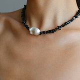 Brilliant Black Onyx Crushed Stone Baroque Pearl Necklace - floysun