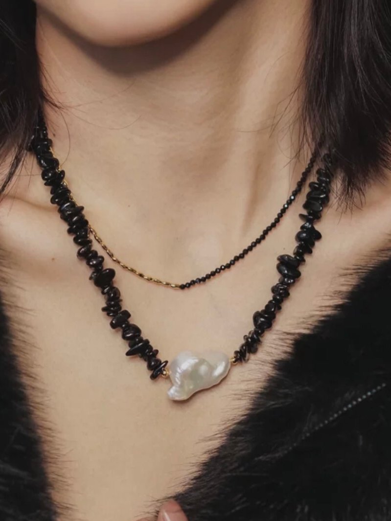 Brilliant Black Onyx Crushed Stone Baroque Pearl Necklace - floysun