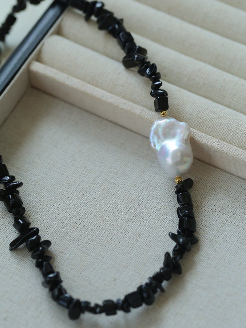 Brilliant Black Onyx Crushed Stone Baroque Pearl Necklace - floysun