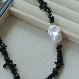 Brilliant Black Onyx Crushed Stone Baroque Pearl Necklace - floysun