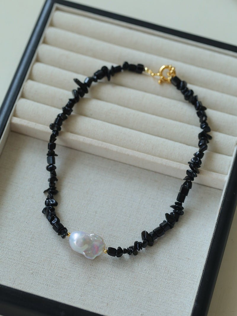 Brilliant Black Onyx Crushed Stone Baroque Pearl Necklace - floysun