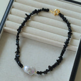 Brilliant Black Onyx Crushed Stone Baroque Pearl Necklace - floysun