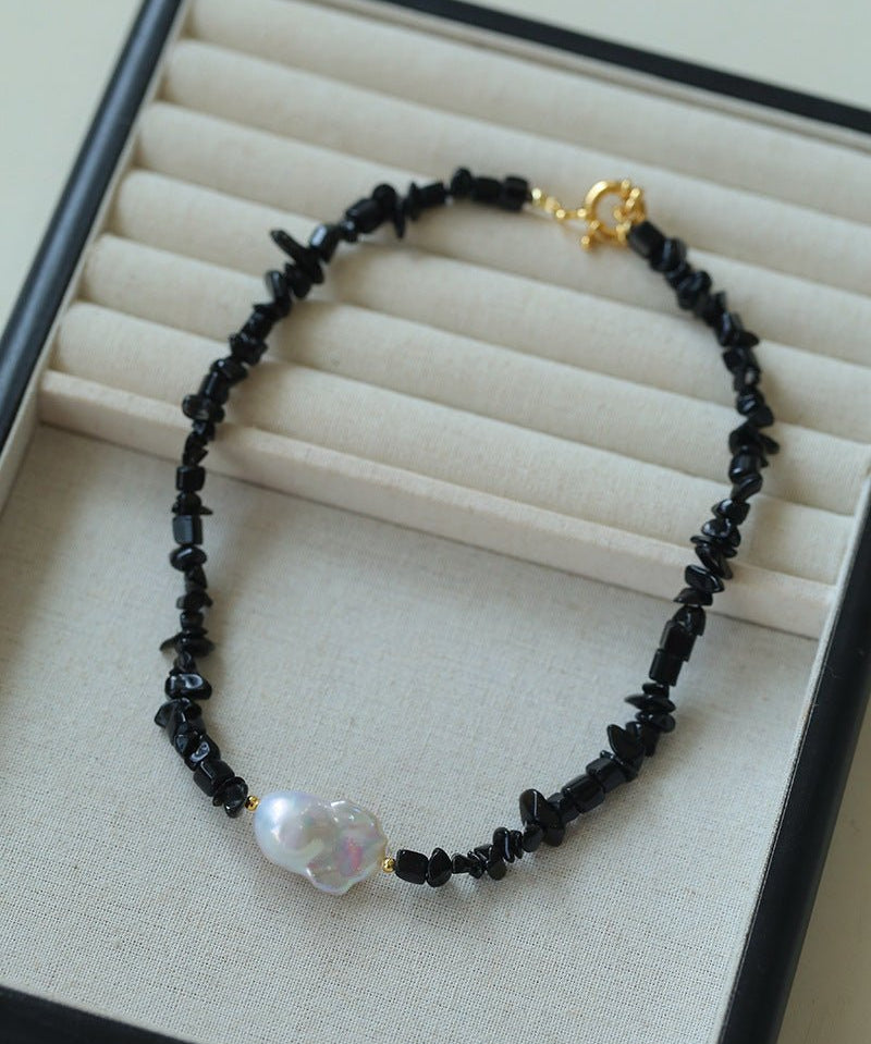 Brilliant Black Onyx Crushed Stone Baroque Pearl Necklace - floysun