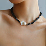 Brilliant Black Onyx Crushed Stone Baroque Pearl Necklace - floysun