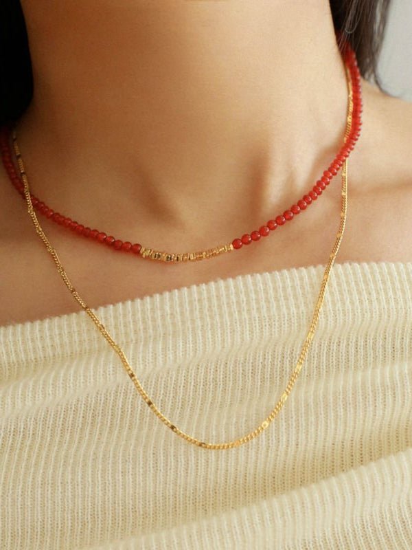 Broken Gold Red Onyx Beaded Necklace - floysun