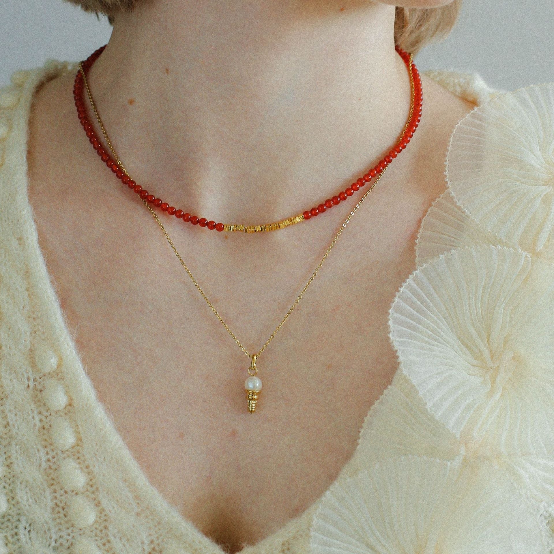 Broken Gold Red Onyx Beaded Necklace - floysun