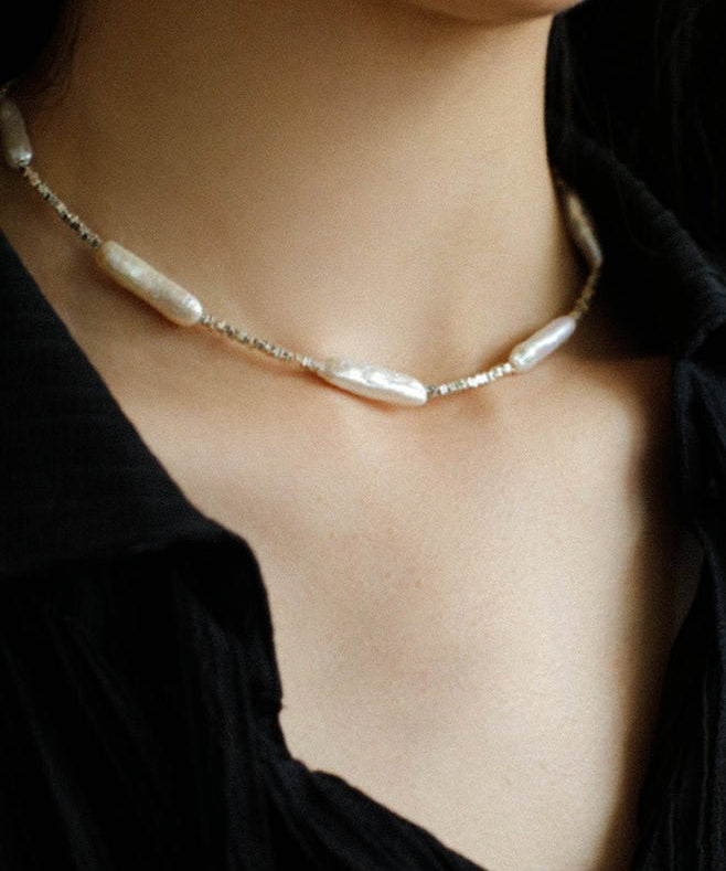 Broken Silver Toothpick Freshwater Pearl Necklaces - floysun