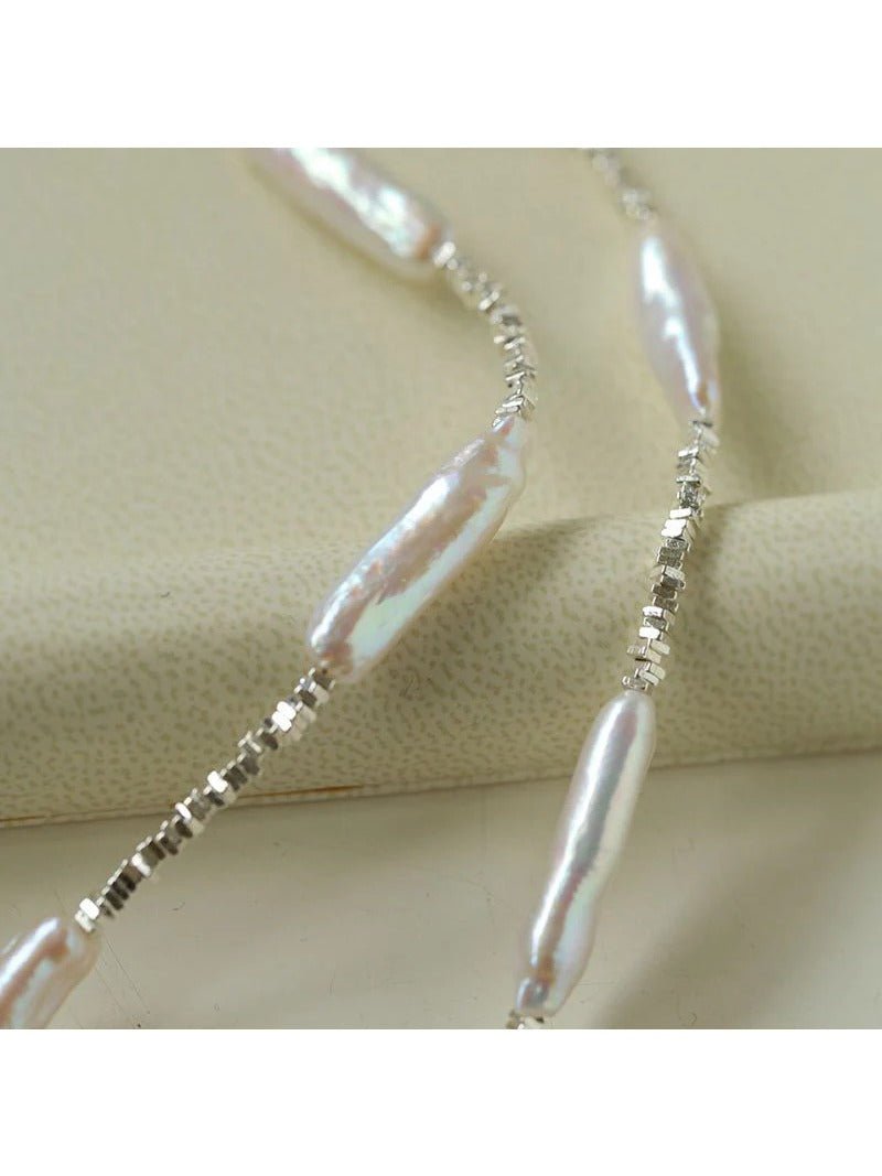 Broken Silver Toothpick Freshwater Pearl Necklaces - floysun