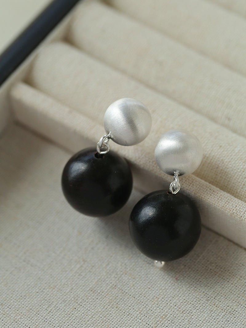 Brushed Ball Ebony Wood Round Bead Drop Earrings - floysun