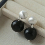 Brushed Ball Ebony Wood Round Bead Drop Earrings - floysun