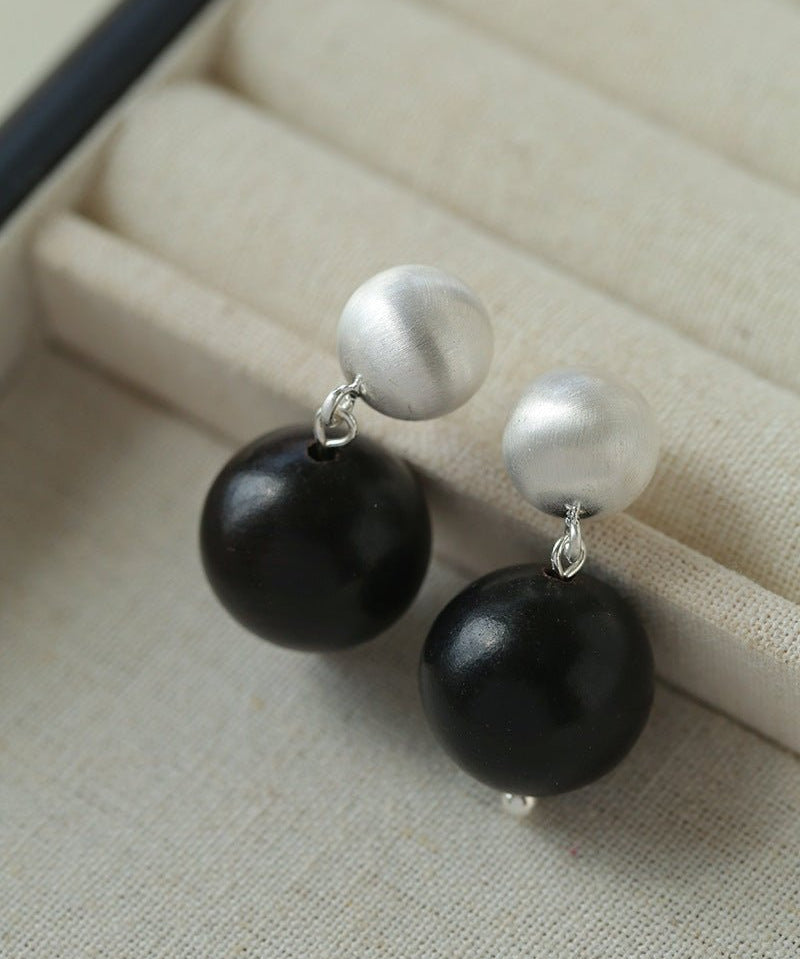 Brushed Ball Ebony Wood Round Bead Drop Earrings - floysun