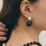 Brushed Ball Ebony Wood Round Bead Drop Earrings - floysun