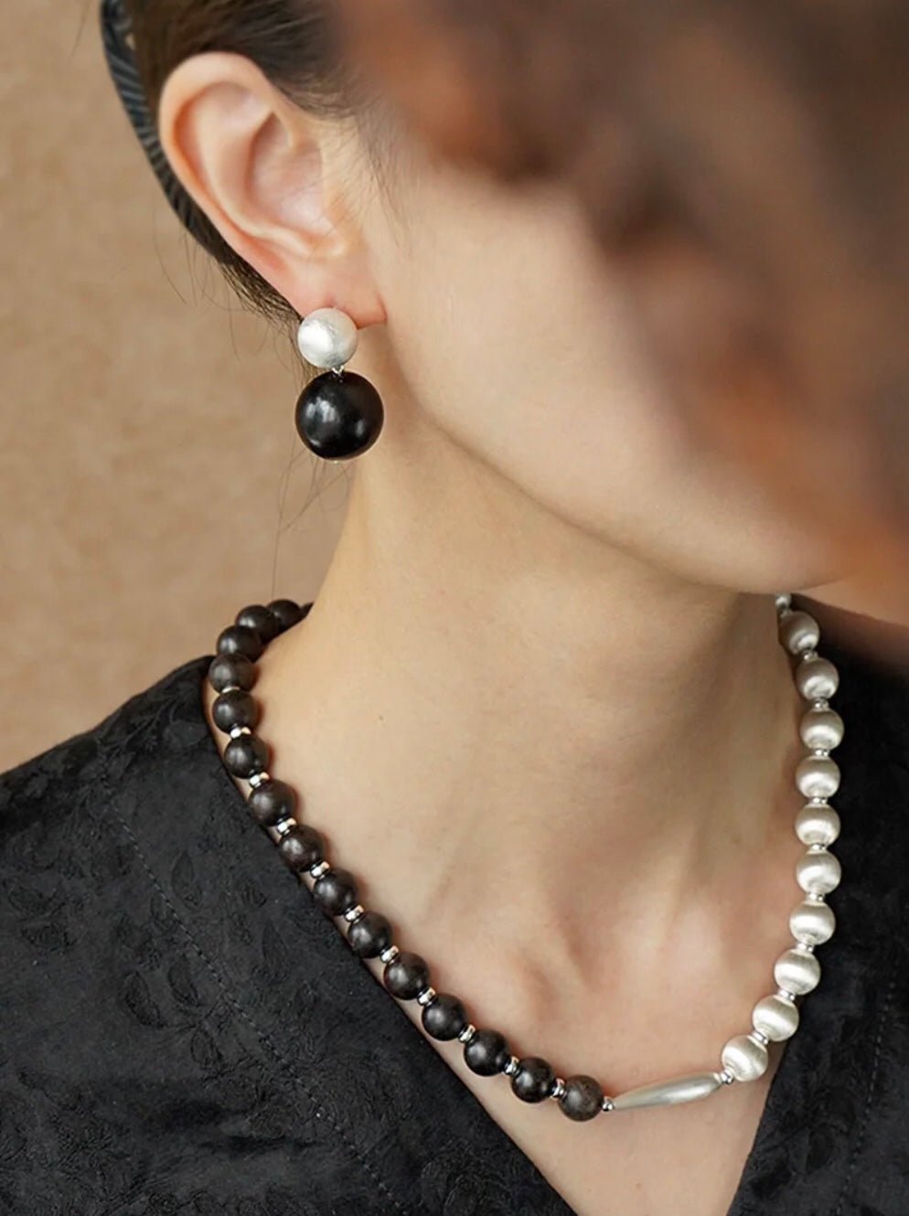 Brushed Ball Ebony Wood Round Bead Drop Earrings - floysun