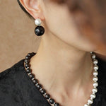 Brushed Ball Ebony Wood Round Bead Drop Earrings - floysun