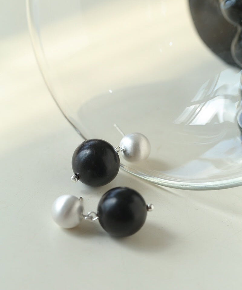 Brushed Ball Ebony Wood Round Bead Drop Earrings - floysun