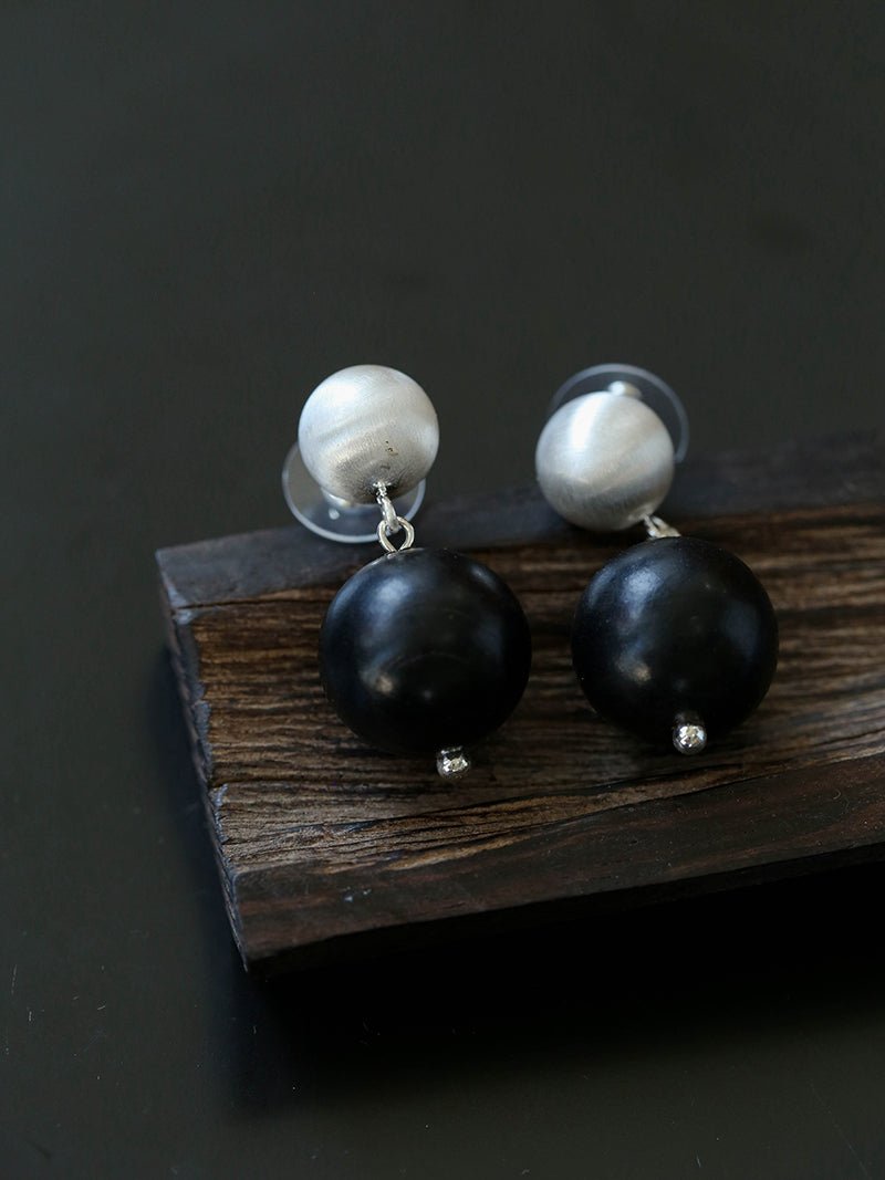 Brushed Ball Ebony Wood Round Bead Drop Earrings - floysun