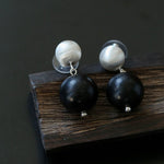 Brushed Ball Ebony Wood Round Bead Drop Earrings - floysun