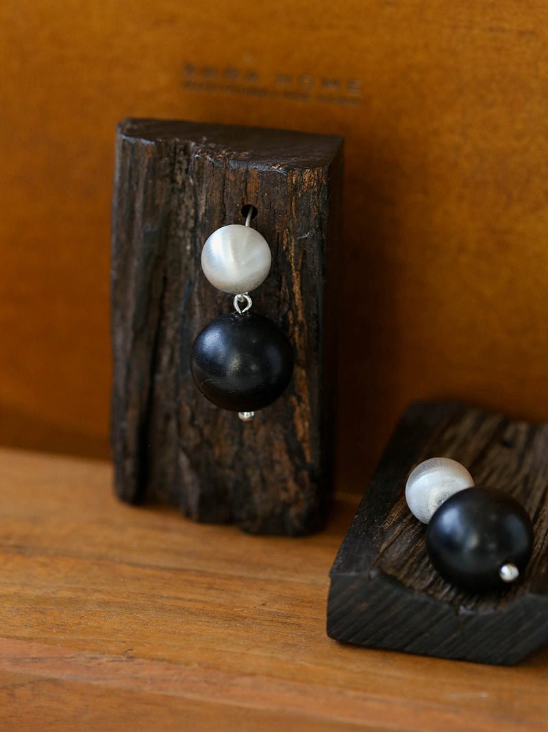 Brushed Ball Ebony Wood Round Bead Drop Earrings - floysun