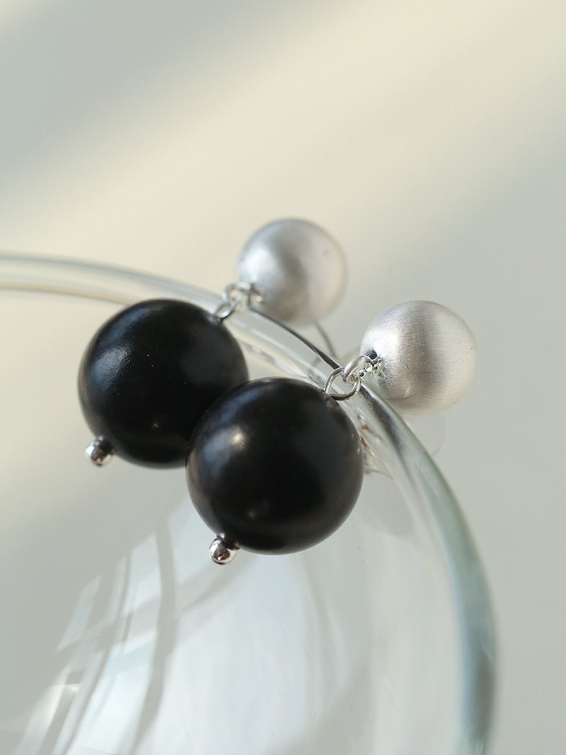 Brushed Ball Ebony Wood Round Bead Drop Earrings - floysun