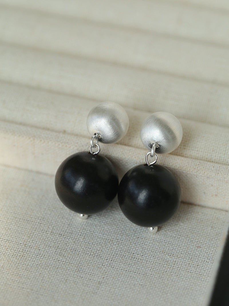 Brushed Ball Ebony Wood Round Bead Drop Earrings - floysun