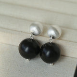 Brushed Ball Ebony Wood Round Bead Drop Earrings - floysun