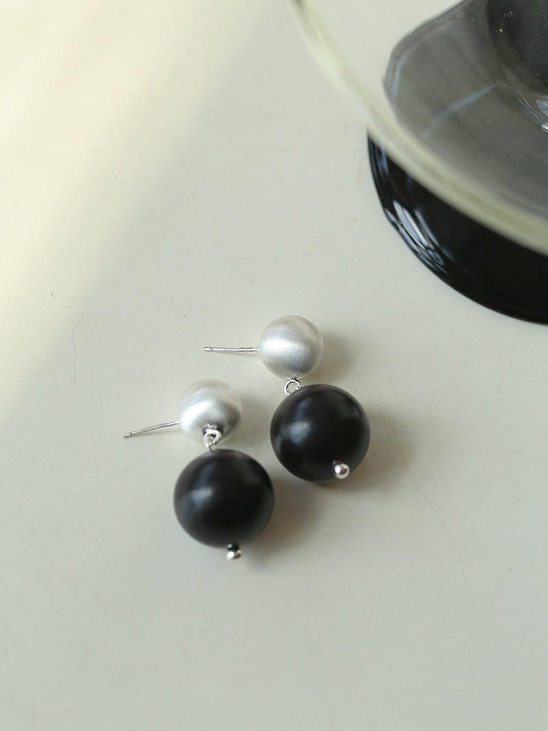 Brushed Ball Ebony Wood Round Bead Drop Earrings - floysun