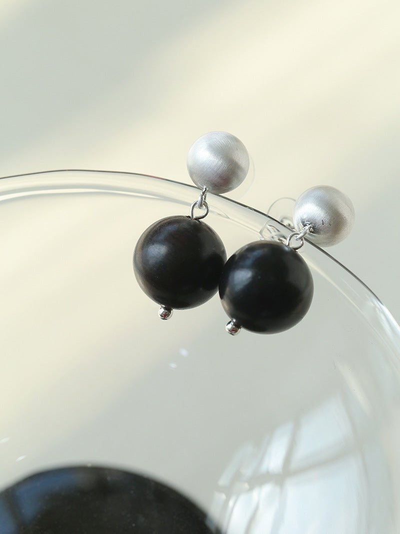 Brushed Ball Ebony Wood Round Bead Drop Earrings - floysun