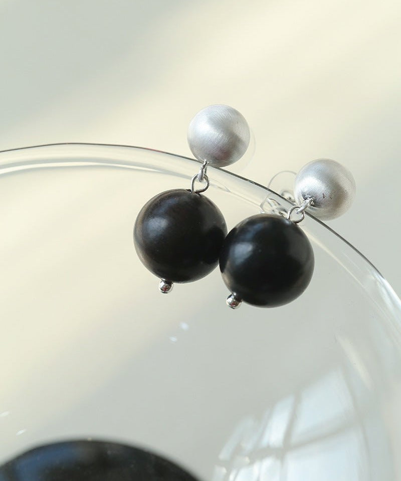 Brushed Ball Ebony Wood Round Bead Drop Earrings - floysun