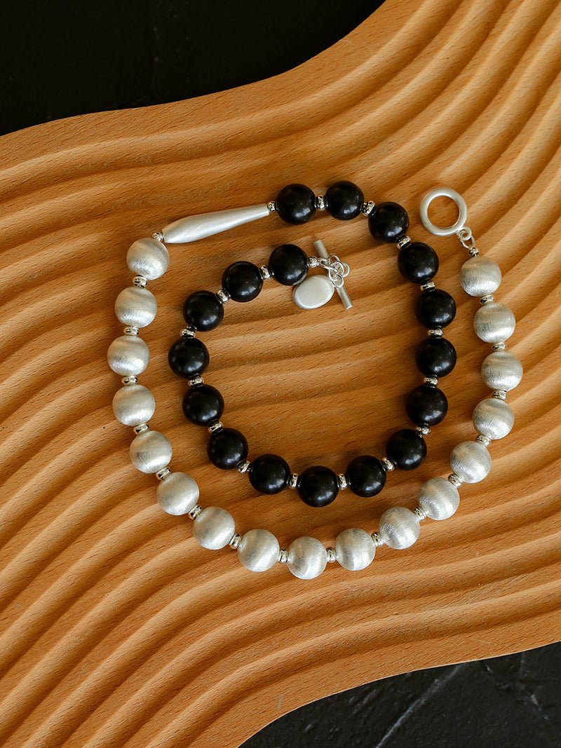 Brushed Bead & Ebony Wood Sphere Necklace - floysun