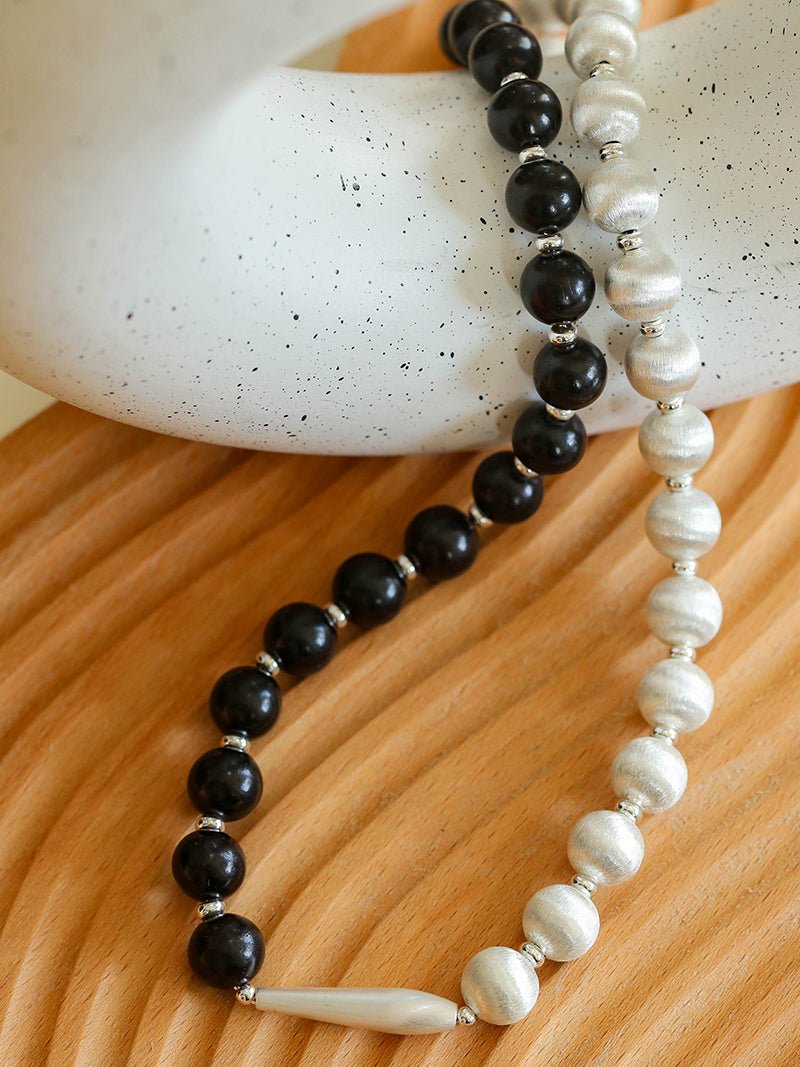 Brushed Bead & Ebony Wood Sphere Necklace - floysun